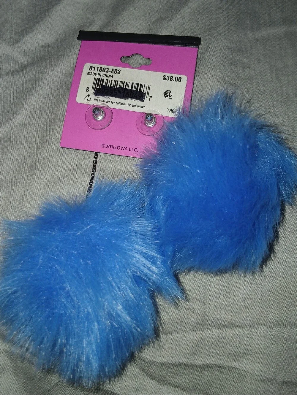 Betsey Johnson Blue Faux Fur Pom Pom Earrings with Sparkle Studs